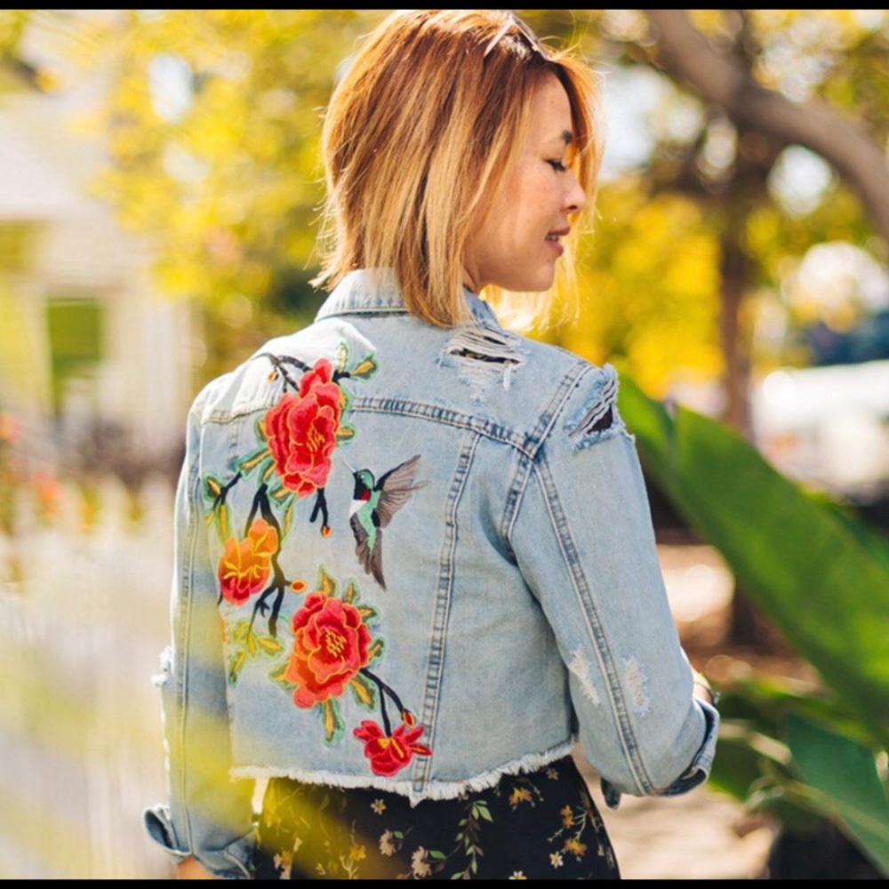 Cropped denim, embroidered, distressed jacket
